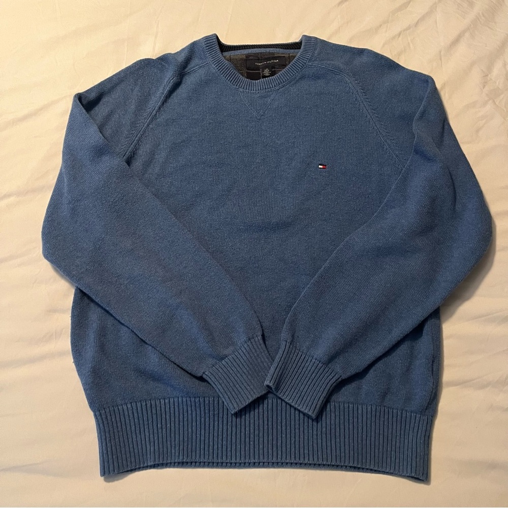 Tommy Hilfiger Sweater Mens Large Blue Knitted Embroidered Logo Pullover